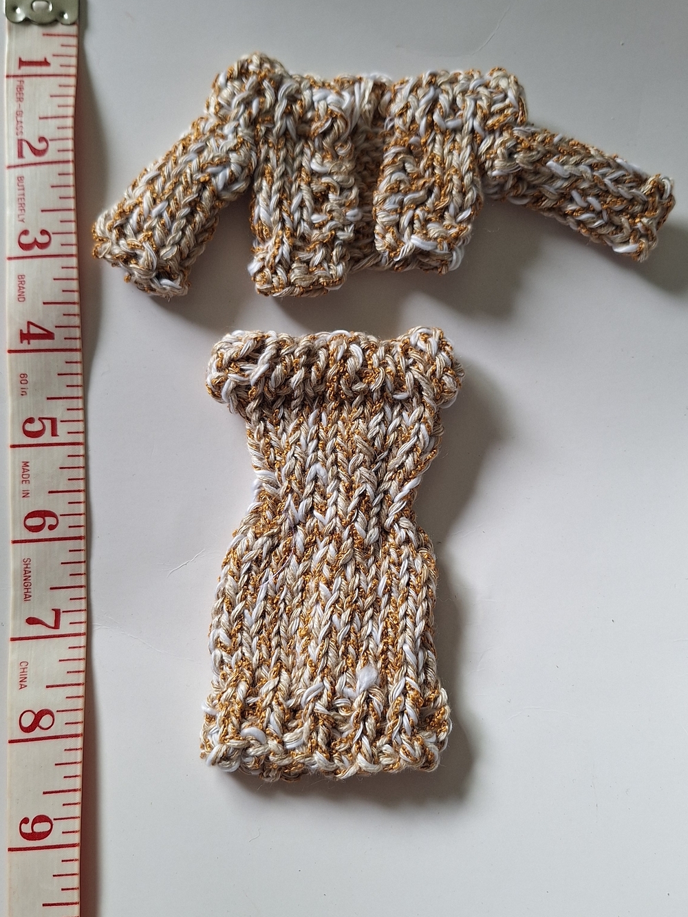 Hand-Knit White & Gold Doll Dress and Jacket Set